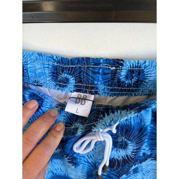 Bonni Beemers Mens Large Blue Tie-Dye Swim Shorts With Elastic Waist & Drawstrin - Picture 2 of 7